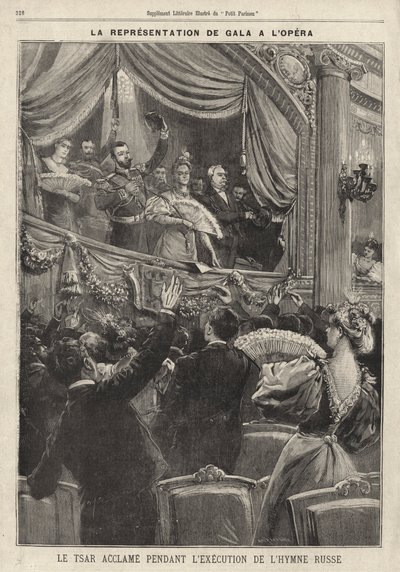 Tsar Nicholas II of Russia acclaimed by the audience during the playing of the Russian national anthem at a gala performance at the Paris Opera during his visit to France by French School