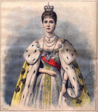 Tsarina Alexandra of Russia in her coronation robes - Tsarina Alexandra Fiodorovna in the costume of the sacred. Illustration for Le Petit Journal, 24 May 1896 by French School