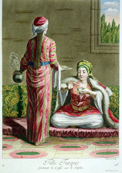Turkish girl having coffee on the sofa, from the Collection of Prints of Costumes from the Levant, engraved by I. Haussard, 1707-08 by French School