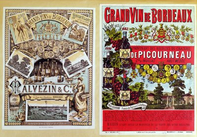 Two advertisements for Malevezin and Company distributors and the Chateau de Picourneau vineyard, from the Bordeaux region by French School