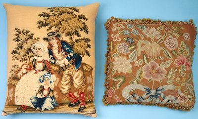 Two Cushions with Needlework Panels Worked in Coloured Silks & Wools by French School