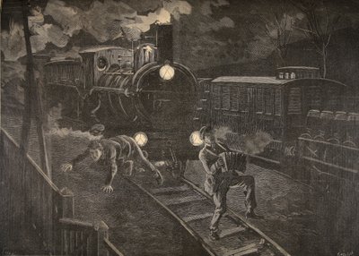 Two men hit by a train, illustration from Le Petit Journal: Supplement illustre, 1898 by French School