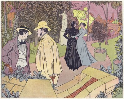 Two Men Stand in Conversation as Two Women Walk in a Garden by French School
