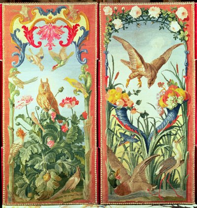 Two panels of carpet made into a folding screen, depicting birds, flowers and fruit, Savonnerie Workshop by French School