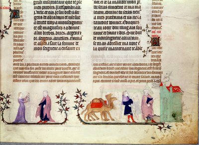 Two scenes from the story of Rebecca at the well, from The Bible of Jean de Sy, c.1355 by French School