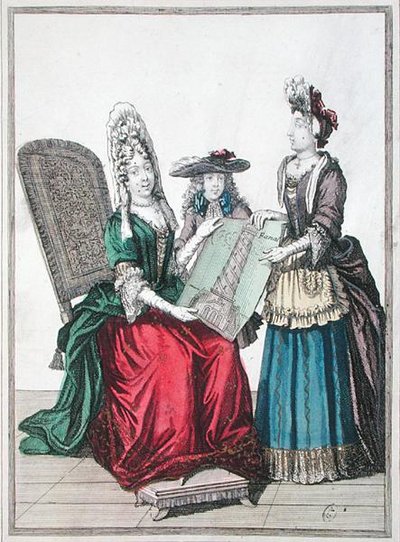Two Women and a Boy Admiring a Print of the Great Lighthouse of Alexandria by French School