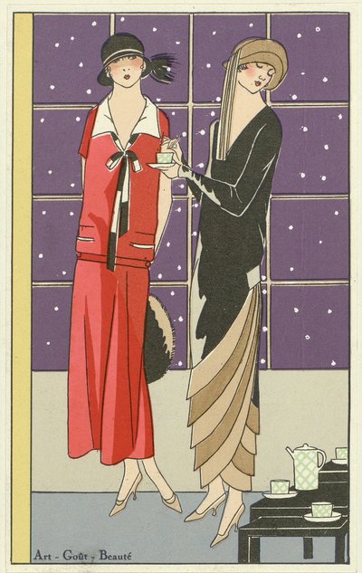 Two women having tea and dressed in designs by Jean Patou and Beer, from Art-Goût-Beauté by French School
