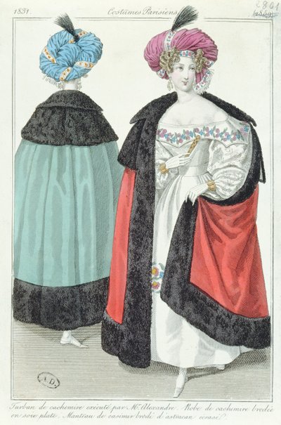 Two Women with Turbans, Dresses and Cloaks of Cashmere, from Costumes Parisiens, 1831 by French School