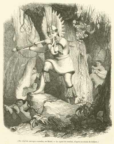 A Chief of the Coroados Savages in Brazil, The Signal of Combat (engraving) by French School
