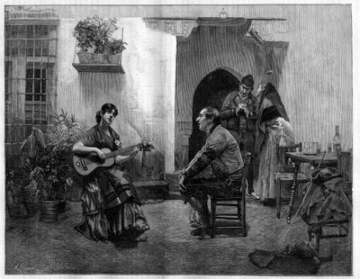 Under the spell: a man listening with admiration to a young Spanish girl playing the guitar. Engraving after the painting by Jules Worms (1832-1914) in The Illustrous World, May 1 by French School