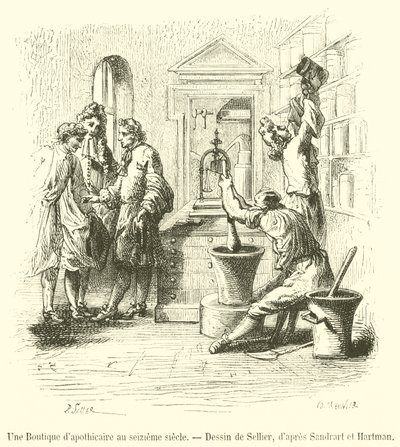An Apothecary Shop in the 16th Century (engraving) by French School