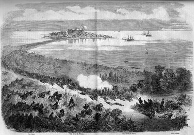 Unification of Italy - Expedition of the Thousand or Red Shirts - Battle of Milazzo (Sicily), July 20, 1860: view of the city and the fort of Milazzo from the Lipari Islands during the battle between the Thousand of Giuseppe Garibaldi and the Army of Franc by French School