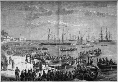 Unification of Italy - Expedition of the Thousand or Red Shirts - Evacuation of Milazzo (Sicily), July 1860: General Bosco and the Neapolitan troops of Francois II left the Citadel of Milazzo after their defeat against the Thousand of Giuseppe Garibaldi by French School