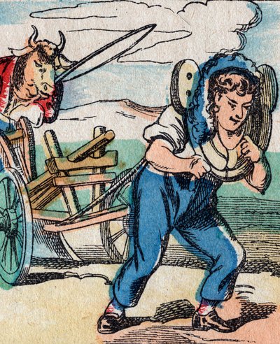 Upside Down World: Oxen Driving Plough Pulled by Farmer by French School