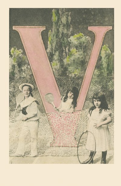 A boy and a girl holding snowshoes, a girl with a hoop by French School