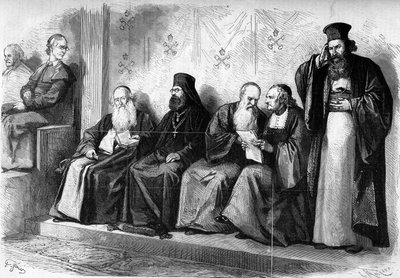 Vatican Council 1 (1869-1870): patriarchs and archimandrites during the presynodal audience in the Sistine Chapel of Rome. December 1869. Engraving in “Le Monde Illustré” n°662 of 19 December 1869 by French School