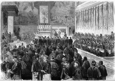 Vatican Council 1 (1869-1870): prosynodal audience in the Sistine Chapel of Rome. Pope Pius IX (1792-1878) received the oath of the seret of the marechals and the officials of the Council (engraving in Le Monde Illustré) by French School