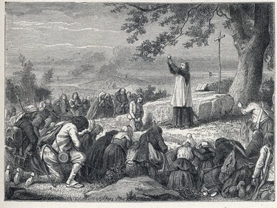 Vendee Wars (1793-1796): Priest inserts celebrating a mass under an oak for the insurgent population who reject sworn priests. Engraving from 1889. Private collection by French School