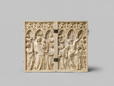 Vierge Glorieuse and Crucifixion diptych (ebony backing is later), 14th century by French School