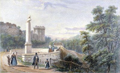 View of Dinan Castle and the statue of Duclos Pinot. Illustration of the 19th century preserved at the Museum of Dinan by French School