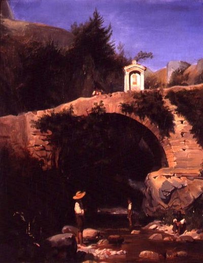 View of a Bridge and River Outside Rome by French School