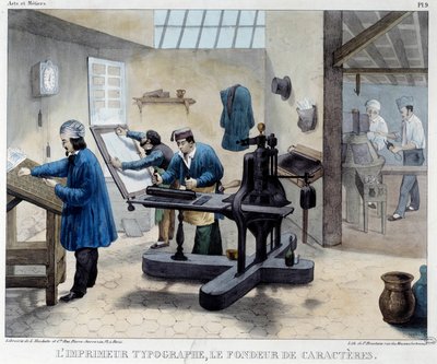 View of a printing workshop: the typographer and the character maker. Lithograph of Bineteau by French School