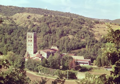 View of the Abbey and the church tower by French School