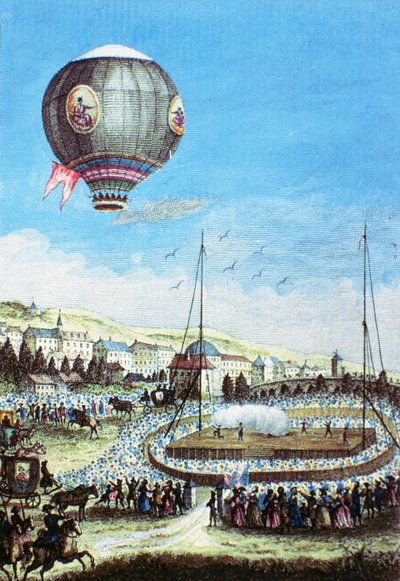 View of the Brotteaux in Lyon and the Third Flight of the Montgolfier Hot-Air Balloon on the 10th of January 1784 by French School