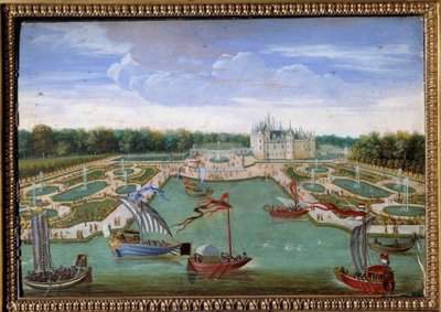 View of the Chateau de Chantilly and the parterres from Vertugadin by French School