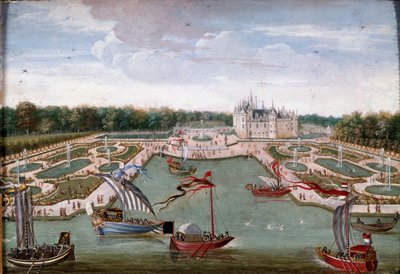 View of the Chateau de Chantilly and the beds taken from the Vertugadin by French School