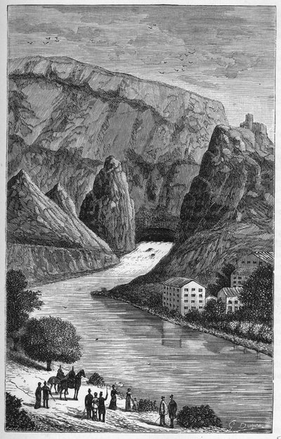 View of the Fontaine du Vaucluse in the department of Vaucluse, region Provence-Alpes-Cote d