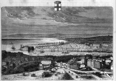 View of the city and port of Marseille. Engraving from 1880 in 