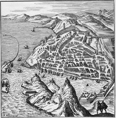 View of the city and port of Marseille in the 16th century. Engraving in 