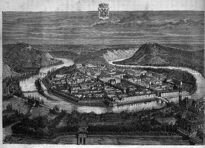 View of the city of Besancon in the Doubs. Engraving from 1880 in 