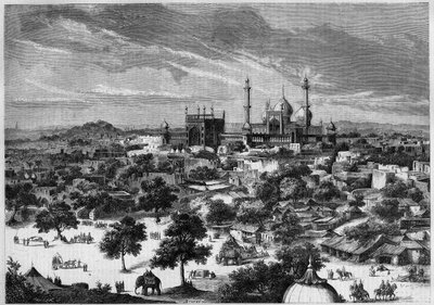 View of the city of Delhi (India) in 1857. From a sketch of Prince Alexis Soltykoff. Engraving by Bertrand in 