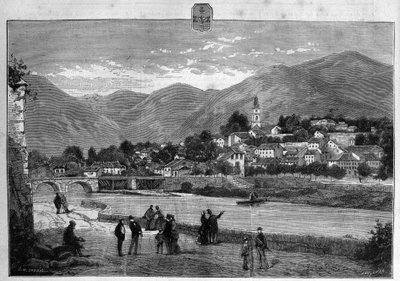 View of the city of Digne in the Lower Alps. Engraving from 1880 in 