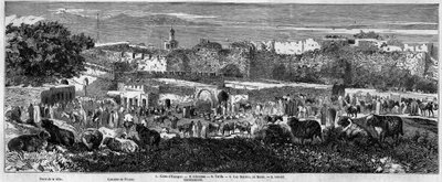 View of the city of Tangier, on the day of the Arab march. Engraving in 