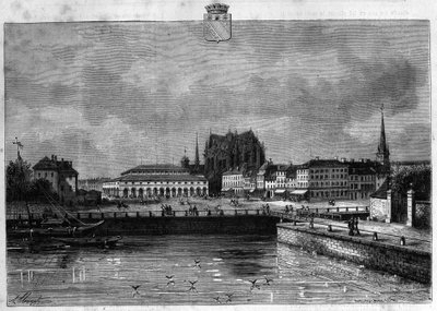 View of the city of Troyes in the Dawn. Engraving from 1880 in 
