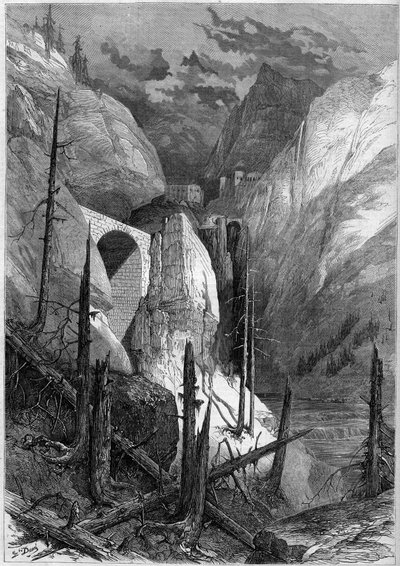View of the defile and the fort of Finstermunz (1471). Tyrol, Switzerland by French School