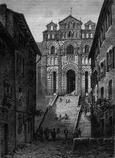 View of the facade of the Cathedrale Notre Dame du Puy en Velay, Haute Loire by French School