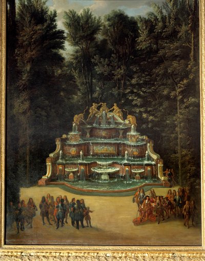 View of the fountain of the Water Buffet in the gardens of the Grand Trianon in 1713. In the foreground: Louis XIV at the Promenade by French School
