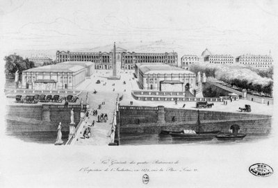 View of the four buildings of the Industry Exhibition in Paris, Place Louis XV, 1834 by French School