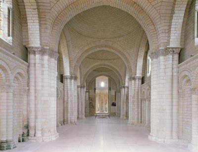 View of the nave and apse of the abbey church with the effigies of Henry II and Eleanor of Aquitaine by French School