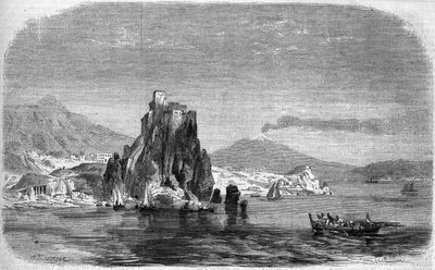 View of the rocks of Charybde and Scylla in the Detroit of Messina, Sicily. by French School