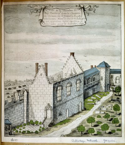 View of the room of King Charles VII in the castle of Chinon, where he received the maid of Orléans - watercolour by French School