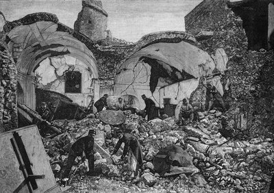 View of the ruins of the Chiese del Purgatorio, destroyed during the 1881 earthquake on the island of Ischia (Italy) by French School
