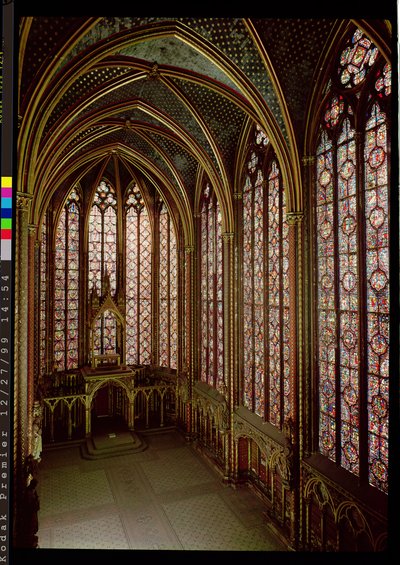 View of the stained glass windows in the upper chapel by French School