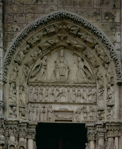 View of the tympanum depicting the Madonna and Child Enthroned, South Door of the Royal Portal, c.1145-50 by French School
