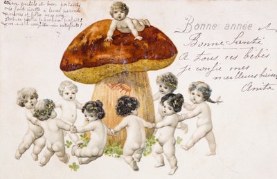 Vintage French Postcard Showing Children Dancing Around a Mushroom by French School