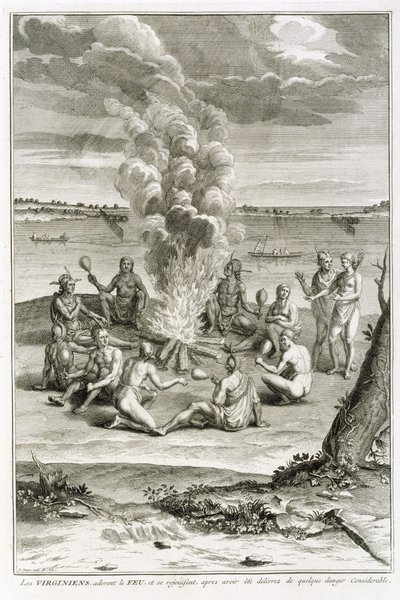 Virginians Worshipping Fire and Rejoicing Having Been Delivered from Considerable Danger, Illustration from Religious Ceremonies and Customs, Engraved by Bernard Picart by French School